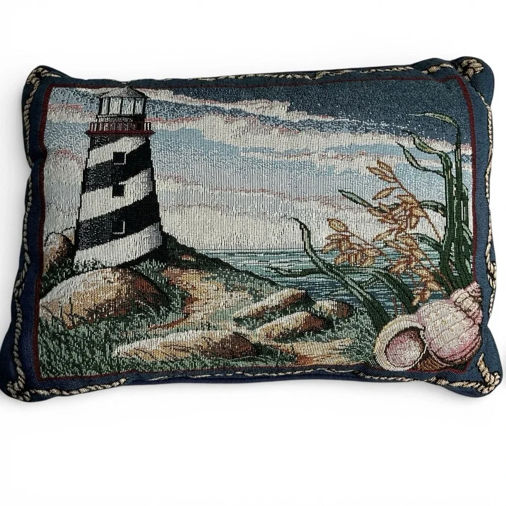 Woven Light House Ropes Sea Shore Blue Tapestry Pillow 17